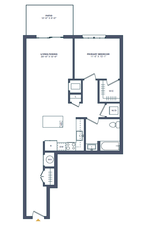 Floor plan for 1 bed, 1 bath, 858 sqft